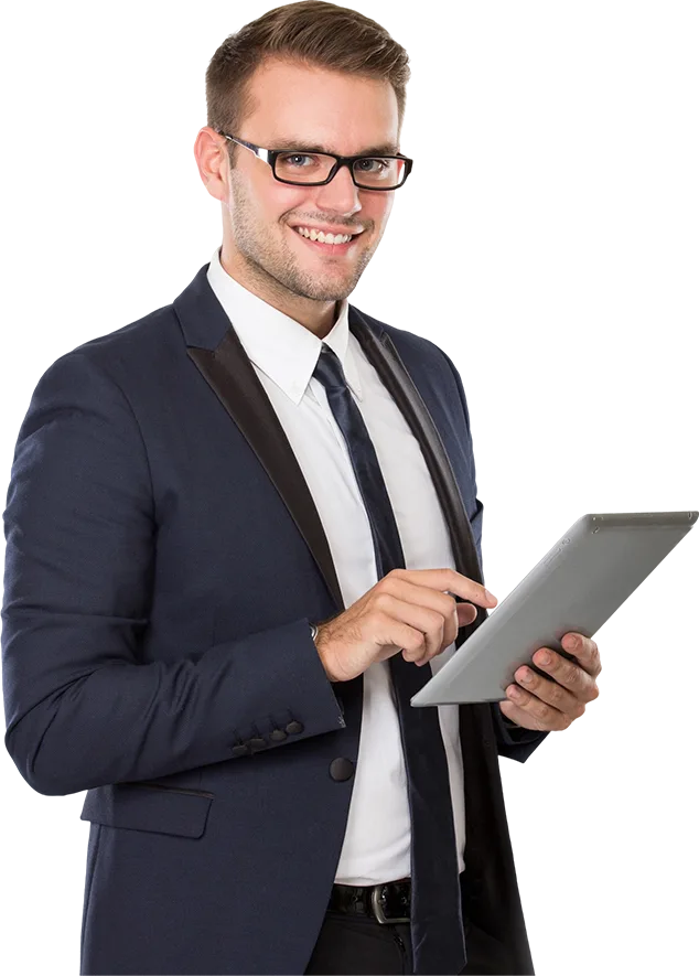 businessman using tablet smiling